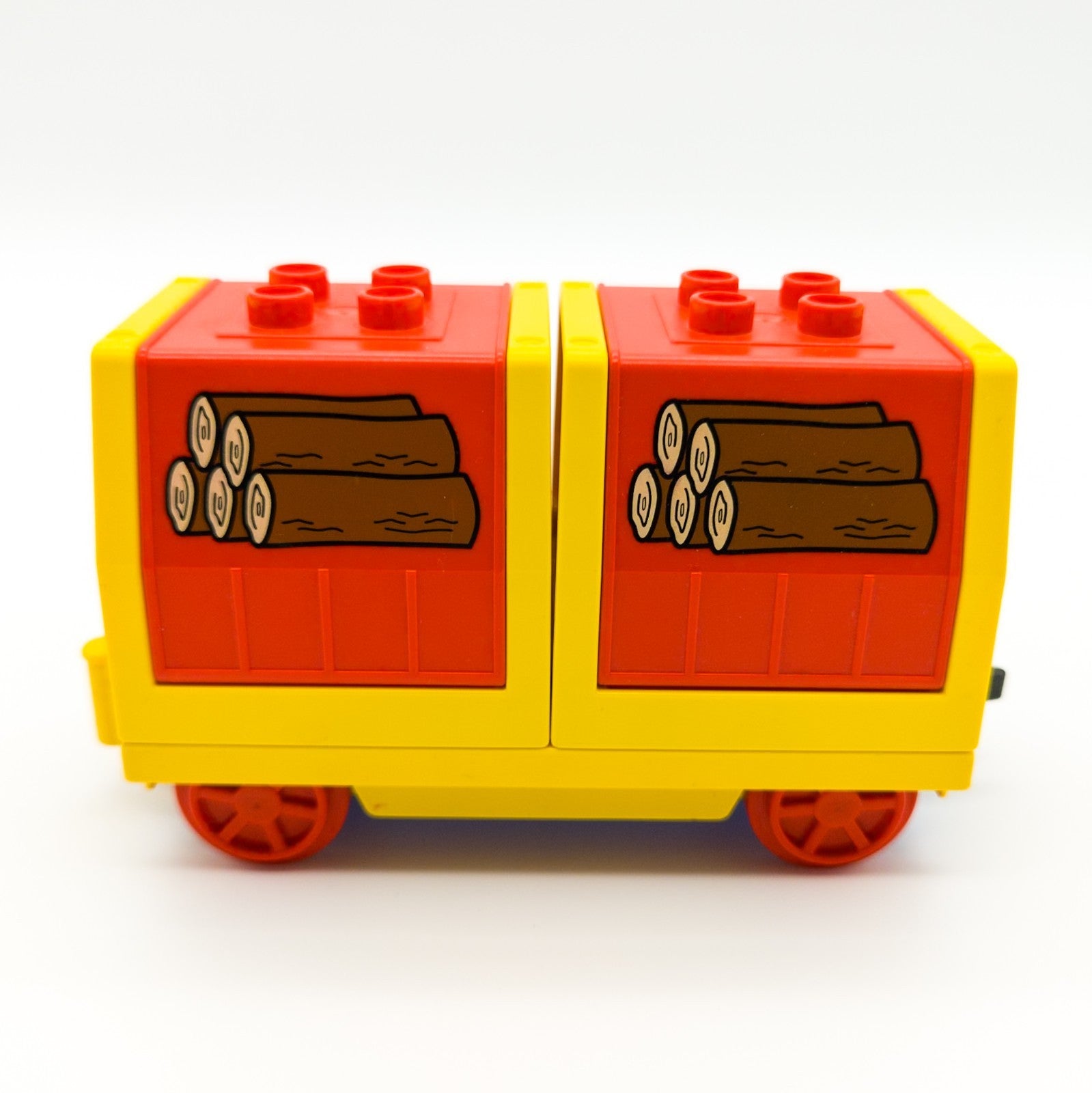 LEGO DUPLO Eisenbahn Holz-Güterwagen Cargo Waggon gelb rot Holzstapel-Motiv Zweitbild