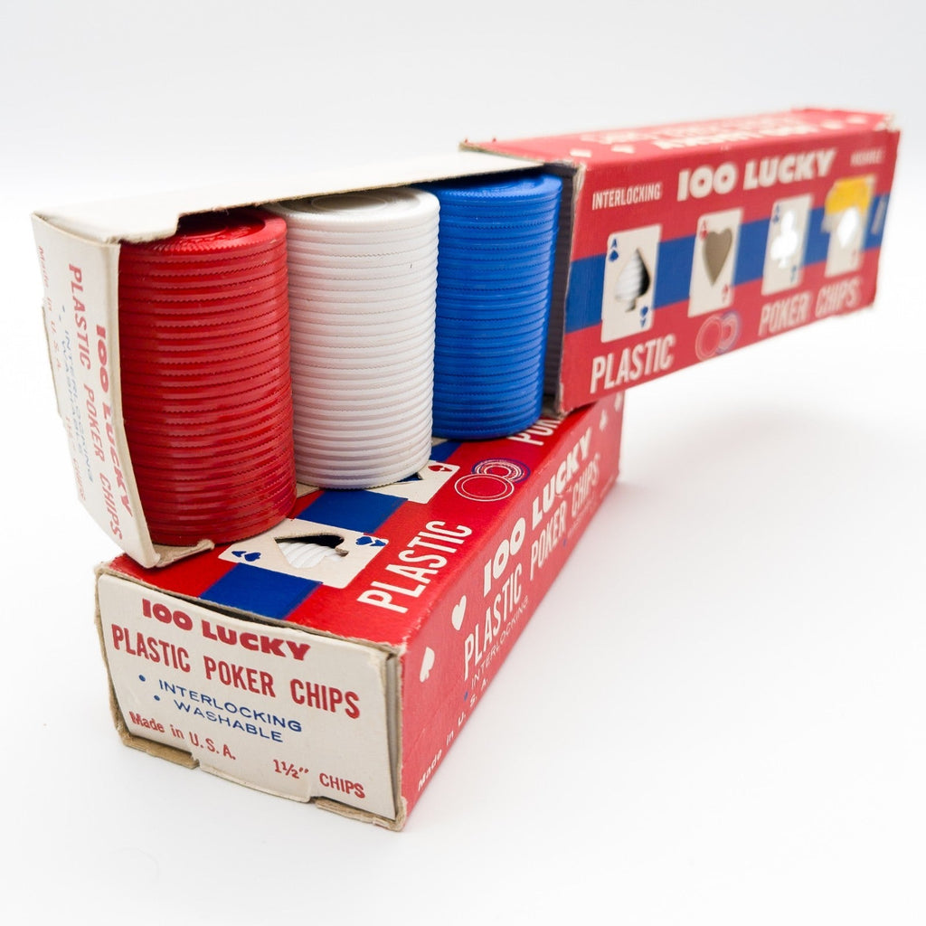 2x 100 Lucky Plastic Poker Chips Interlocking Washable USA 60s / 70s OVP Vintage - nerdyvana.com