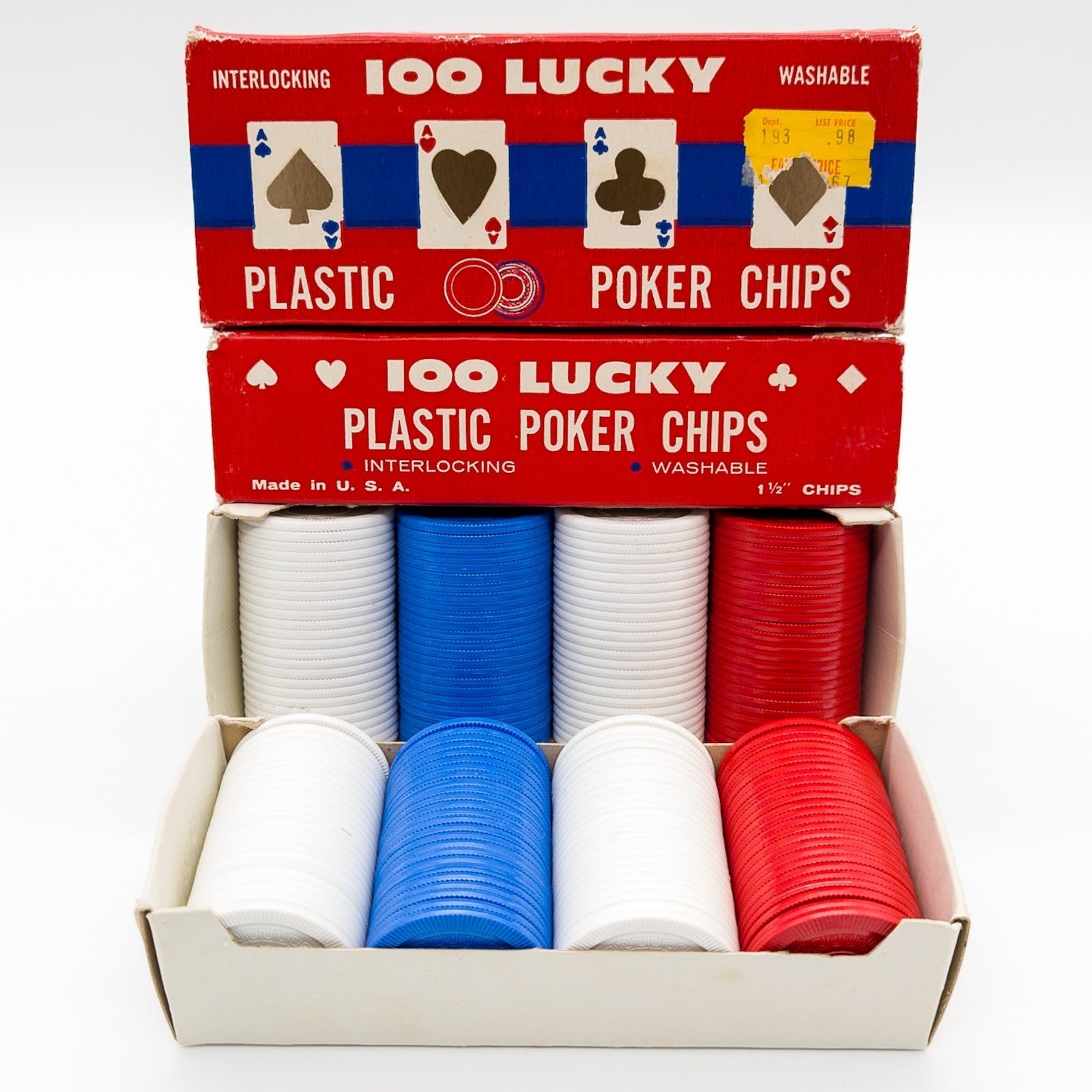 2x 100 Lucky Plastic Poker Chips Interlocking Washable USA 60s / 70s OVP Vintage - nerdyvana.com