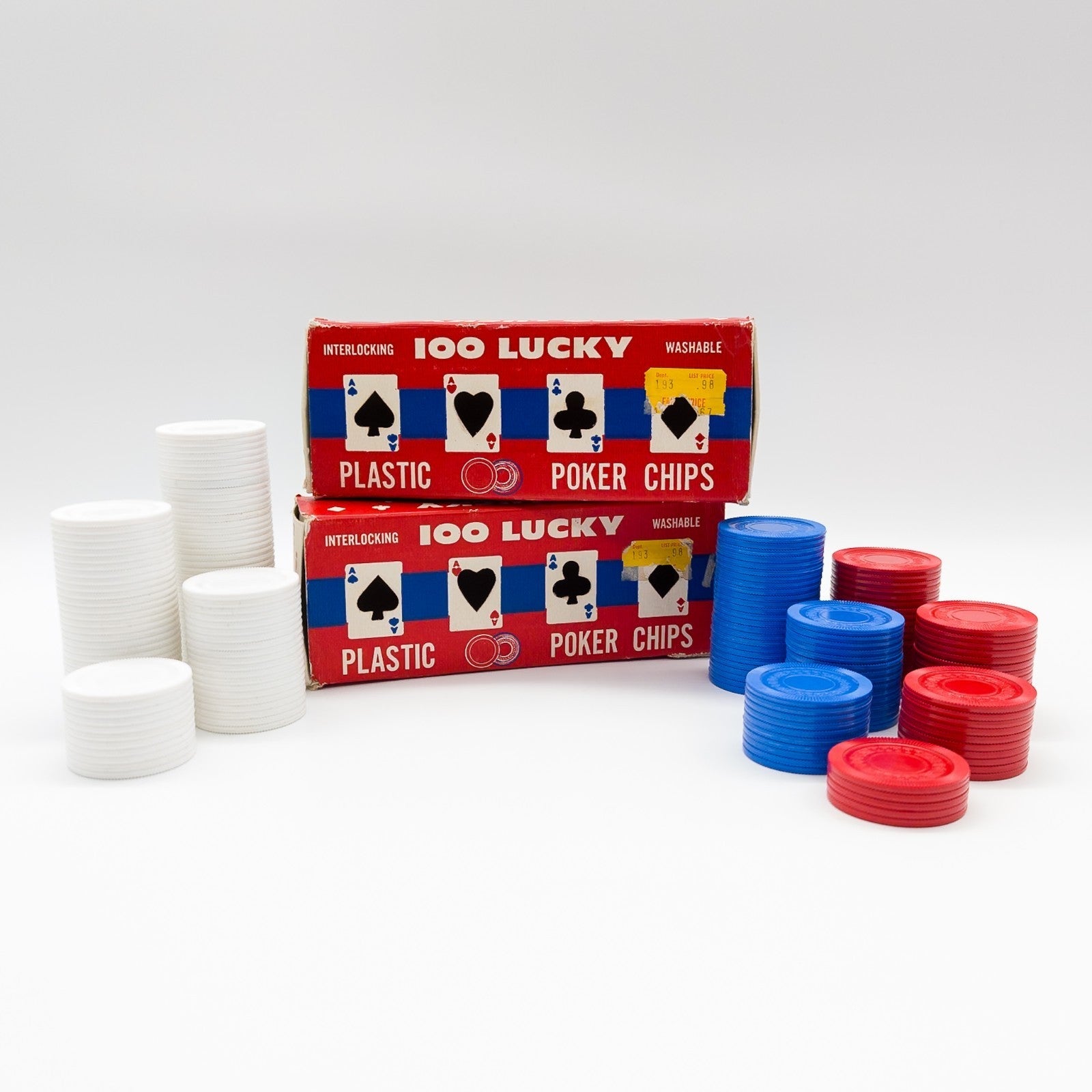 2x 100 Lucky Plastic Poker Chips Interlocking Washable USA 60s / 70s OVP Vintage - nerdyvana.com