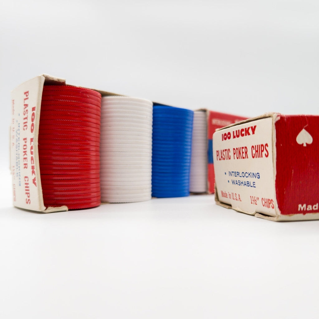 2x 100 Lucky Plastic Poker Chips Interlocking Washable USA 60s / 70s OVP Vintage - nerdyvana.com