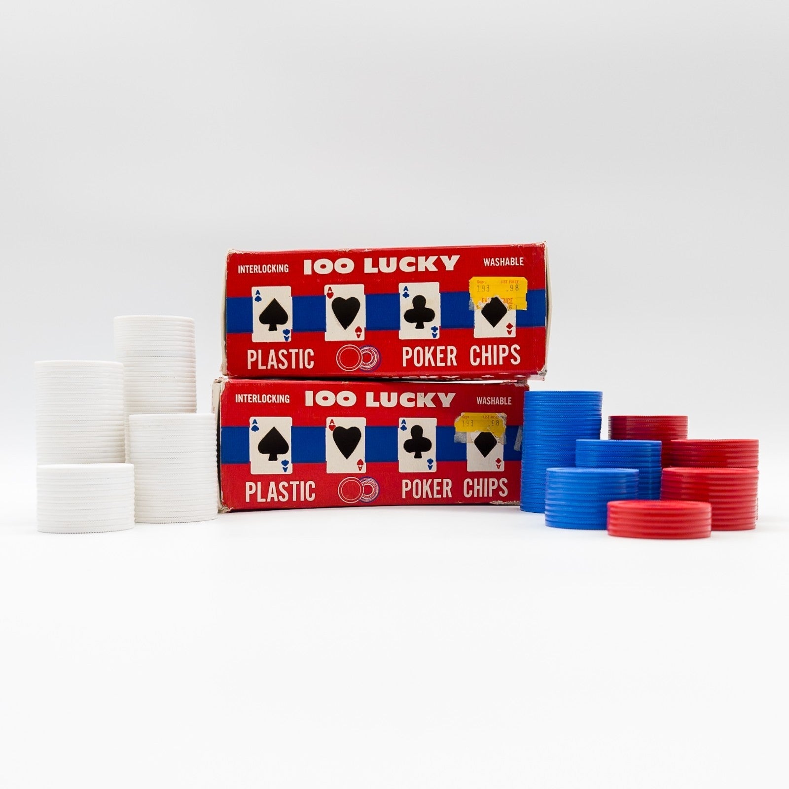 2x 100 Lucky Plastic Poker Chips Interlocking Washable USA 60s / 70s OVP Vintage - nerdyvana.com