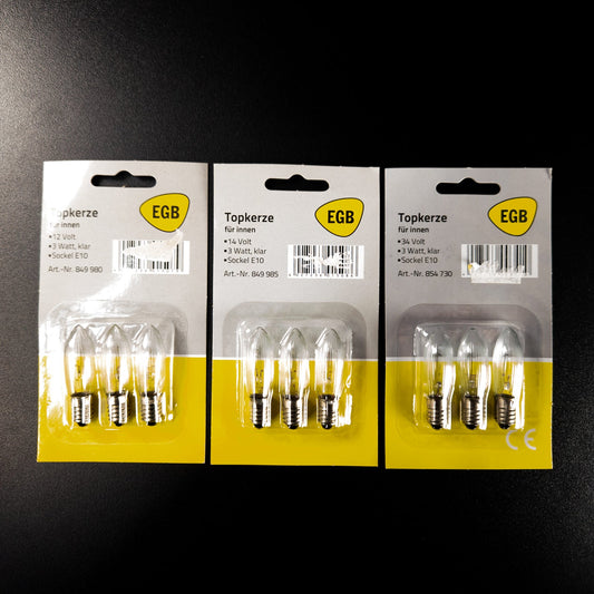 EGB Topkerze Ersatzlampen 3 W E10 klar 3er-Set 8V 12V 14V 34V Lichterkette OVP - nerdyvana.com