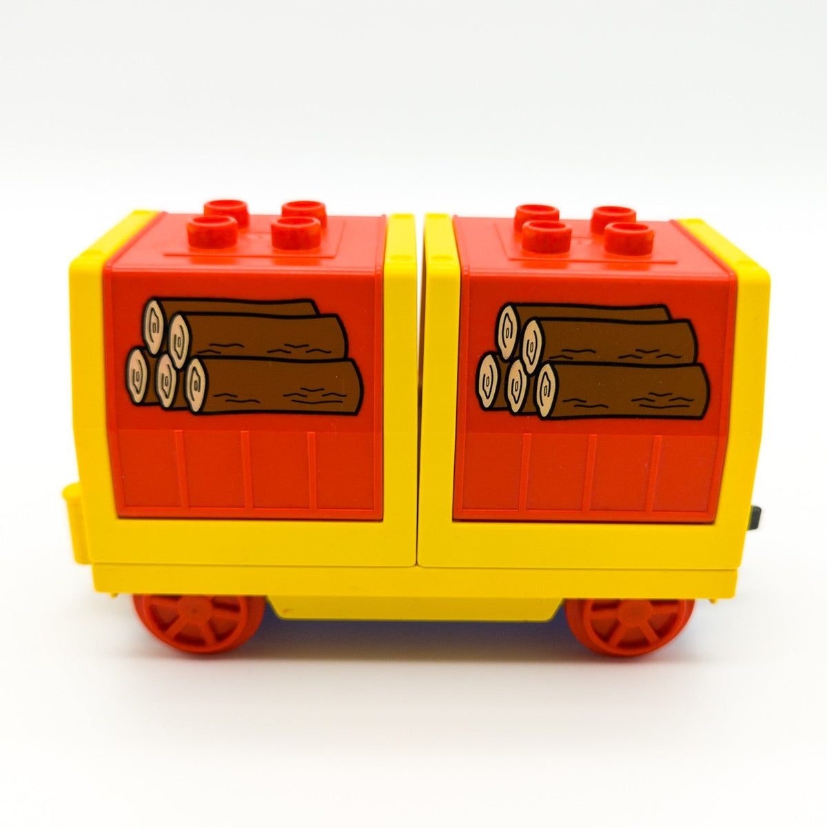 LEGO DUPLO Eisenbahn Holz-Güterwagen Cargo Waggon Holzstapel-Motiv gelb rot - nerdyvana.com