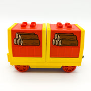 LEGO DUPLO Eisenbahn Holz-Güterwagen Cargo Waggon Holzstapel-Motiv gelb rot - nerdyvana.com