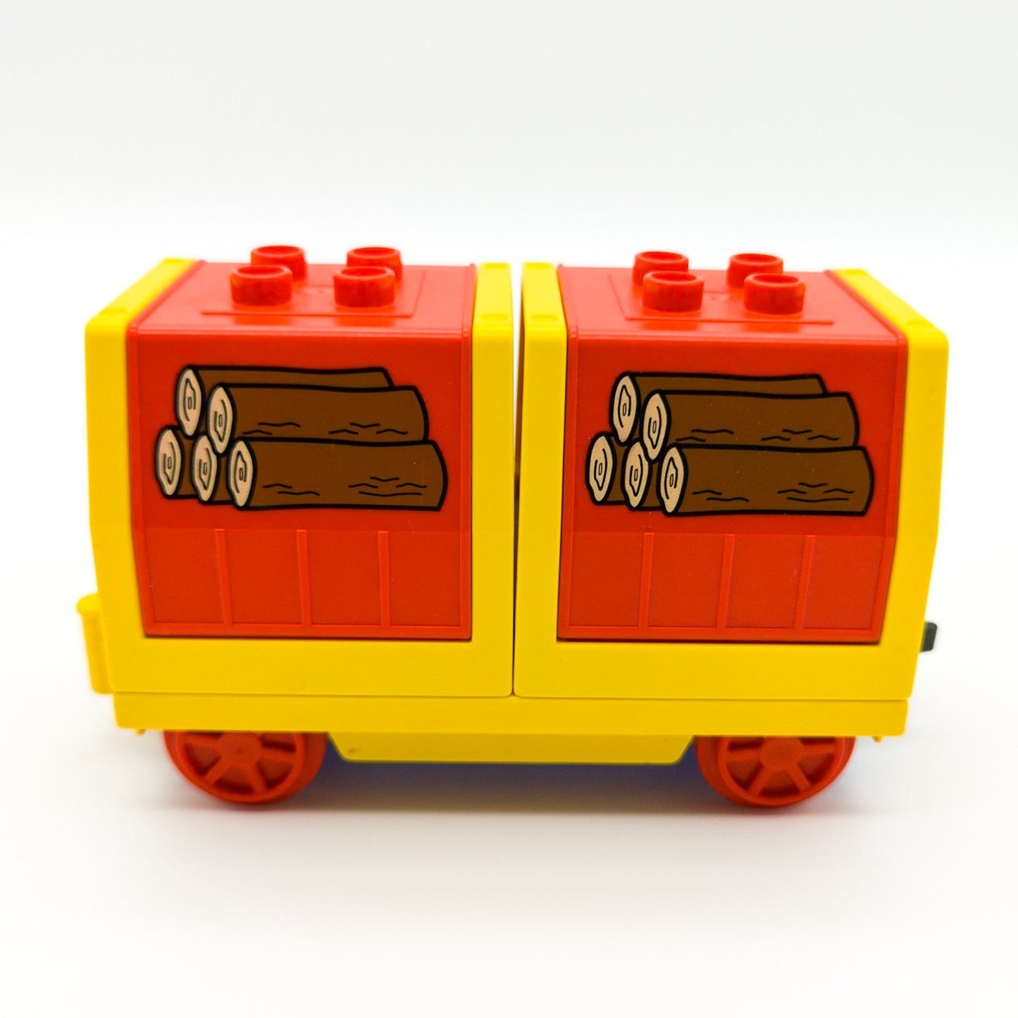 LEGO DUPLO Eisenbahn Holz-Güterwagen Cargo Waggon Holzstapel-Motiv gelb rot - nerdyvana.com