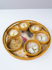 Vintage Tablett Set Bambus Glas Untersetzer mit Schmetterlingen 7-teilig Retro - nerdyvana.com