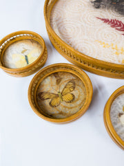 Vintage Tablett Set Bambus Glas Untersetzer mit Schmetterlingen 7-teilig Retro - nerdyvana.com